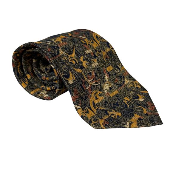 Brioni Silk Mens Necktie Casual Business Work Novelty Printed Gold Blue - Picture 1 of 7